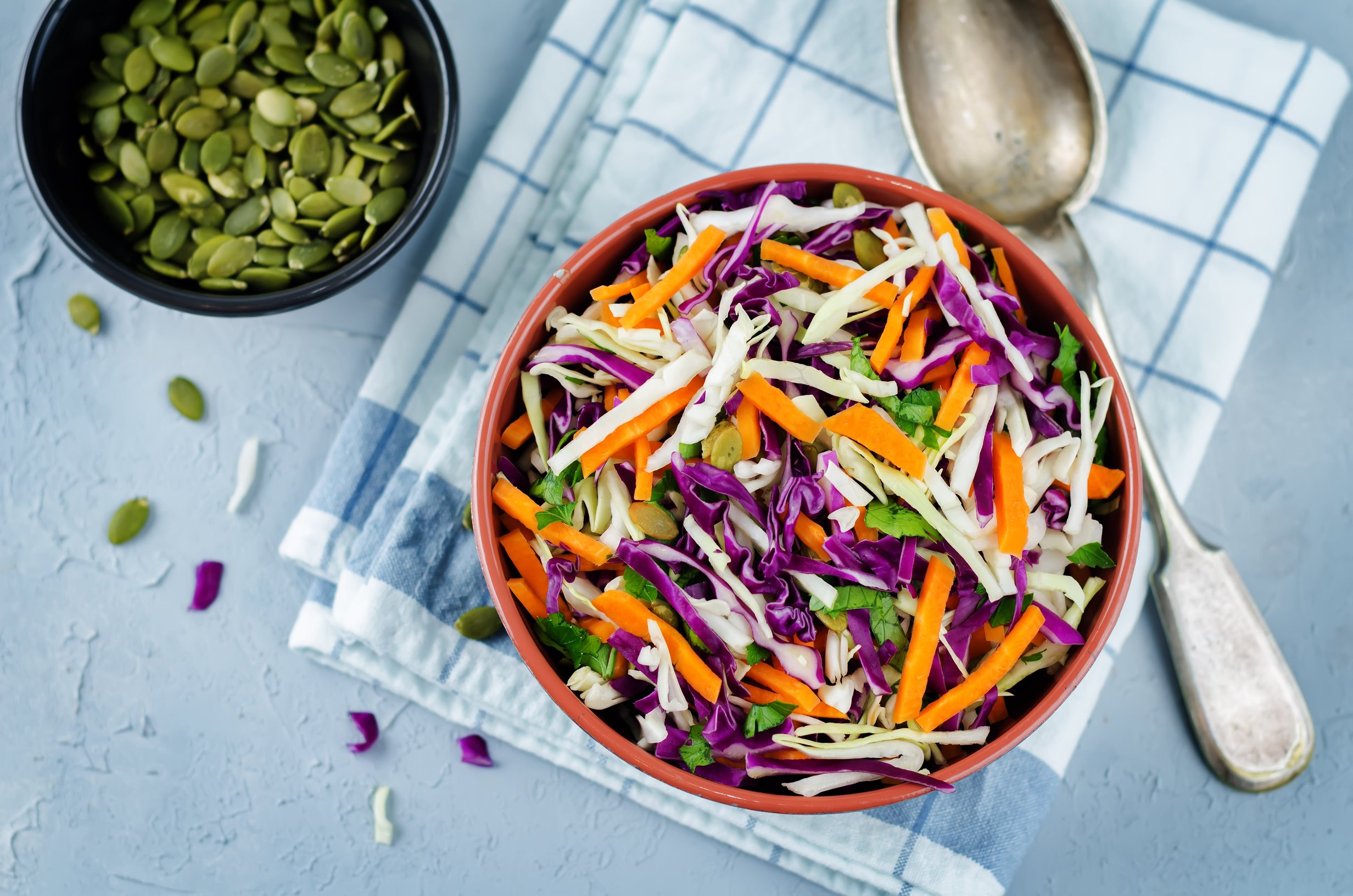 Cabbage carrot pumpkin seed slaw